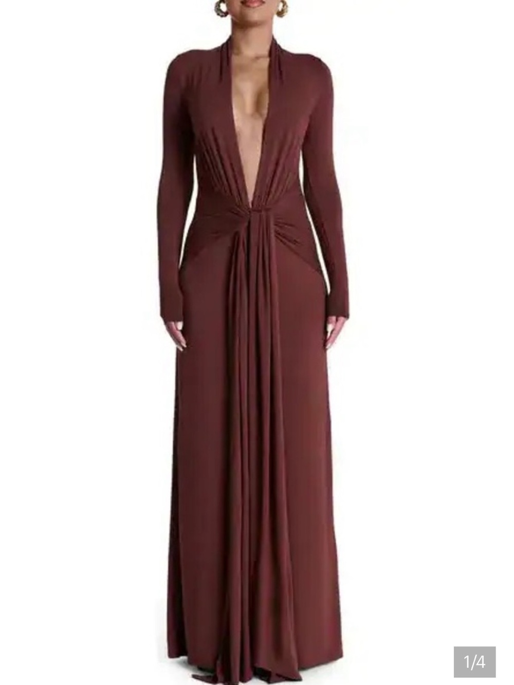 naked wardrobe Dark Brown Deep Plunge Long Sleeve Maxi Dress Medium NWOT